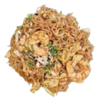 Fideos de arroz frito con verduras y gambas